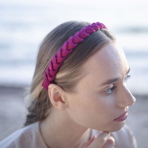 Narrow braided dark pink color handmade headband diadem hairband image 1