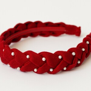 A red linen handmade braided hairhoop / headhoop hairband diadem embroidered, with beads / mother&#39;s day gift