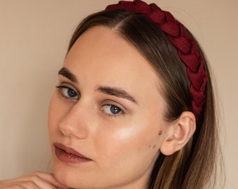 Handmade Braided Linen Hairband - Burgundy Boho Chic Accessory