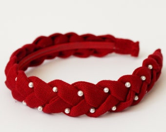 A red linen handmade braided hairhoop / headhoop hairband diadem embroidered, with beads