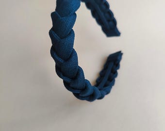 Handmade Navy Blue Linen Braided Hairband: Eco-Friendly Hair Accessory