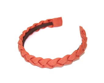 Narrow braided orange color handmade headband diadem hairband