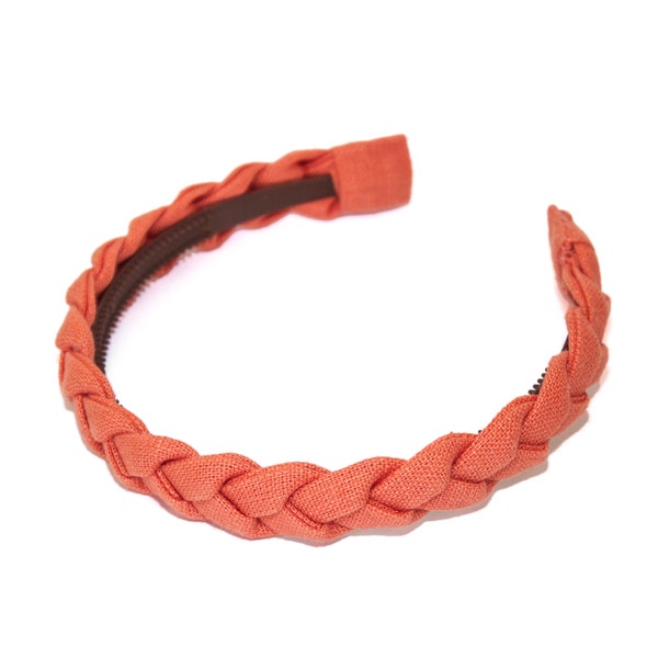 Narrow braided orange color handmade headband diadem hairband