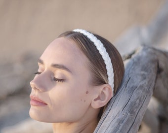 White narrow linen handmade headband diadem hair hoop accessory