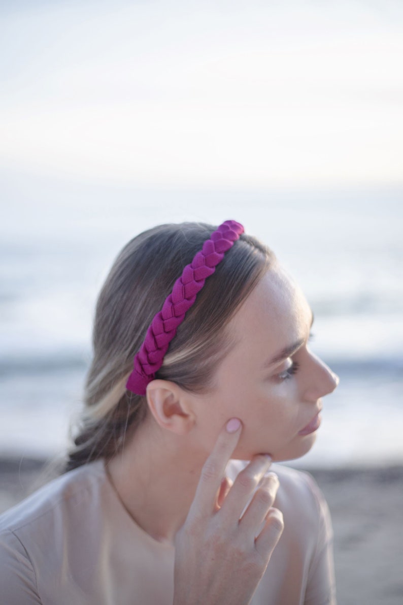 Narrow braided dark pink color handmade headband diadem hairband image 2