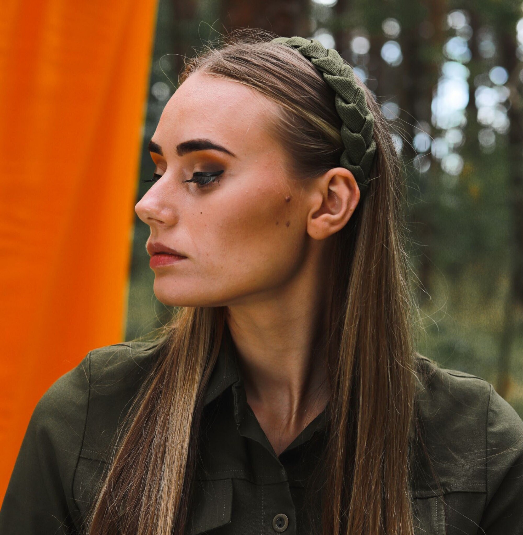 Handmade Linen Braided Headband: Khaki Green Boho Hair 