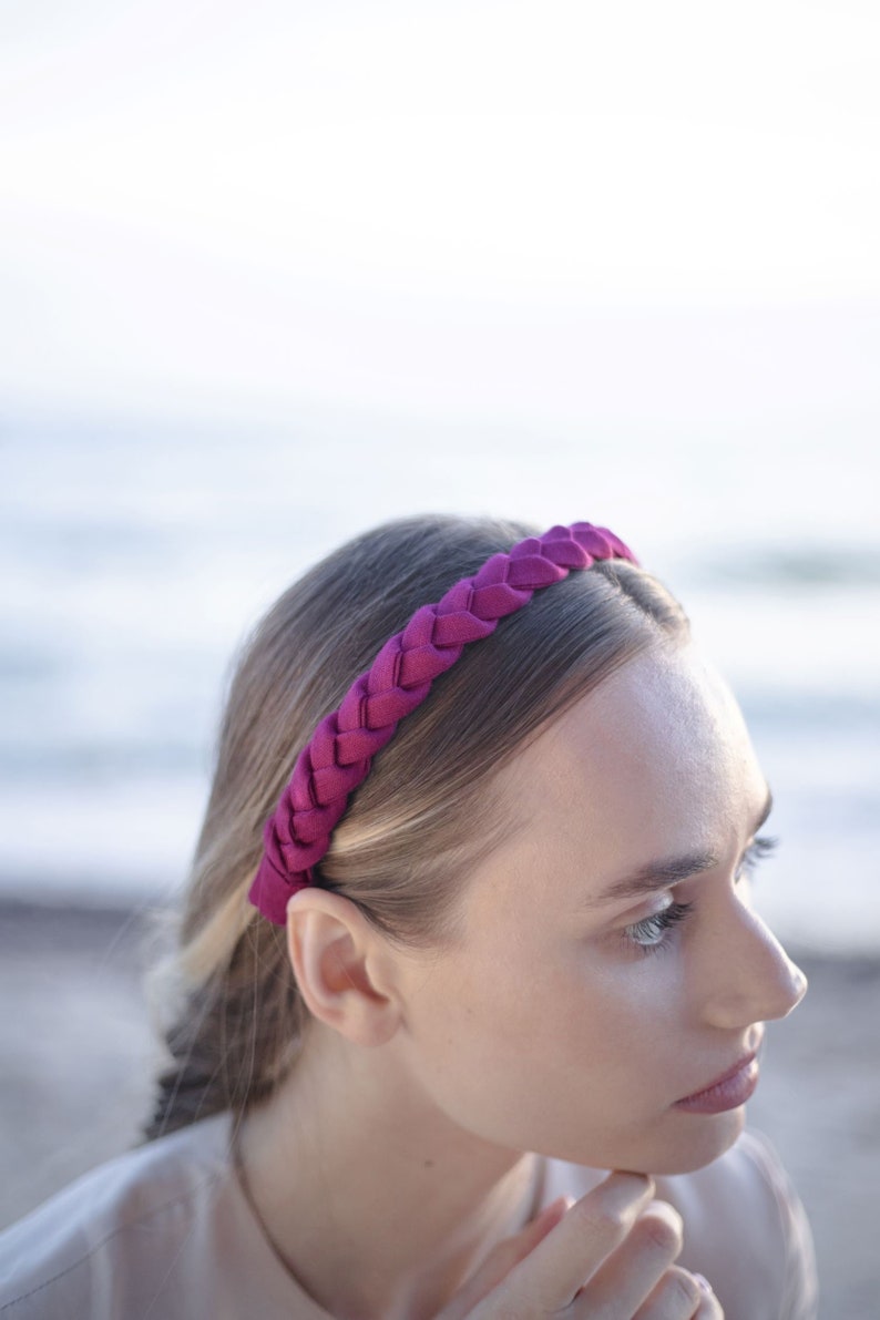Narrow braided dark pink color handmade headband diadem hairband image 1