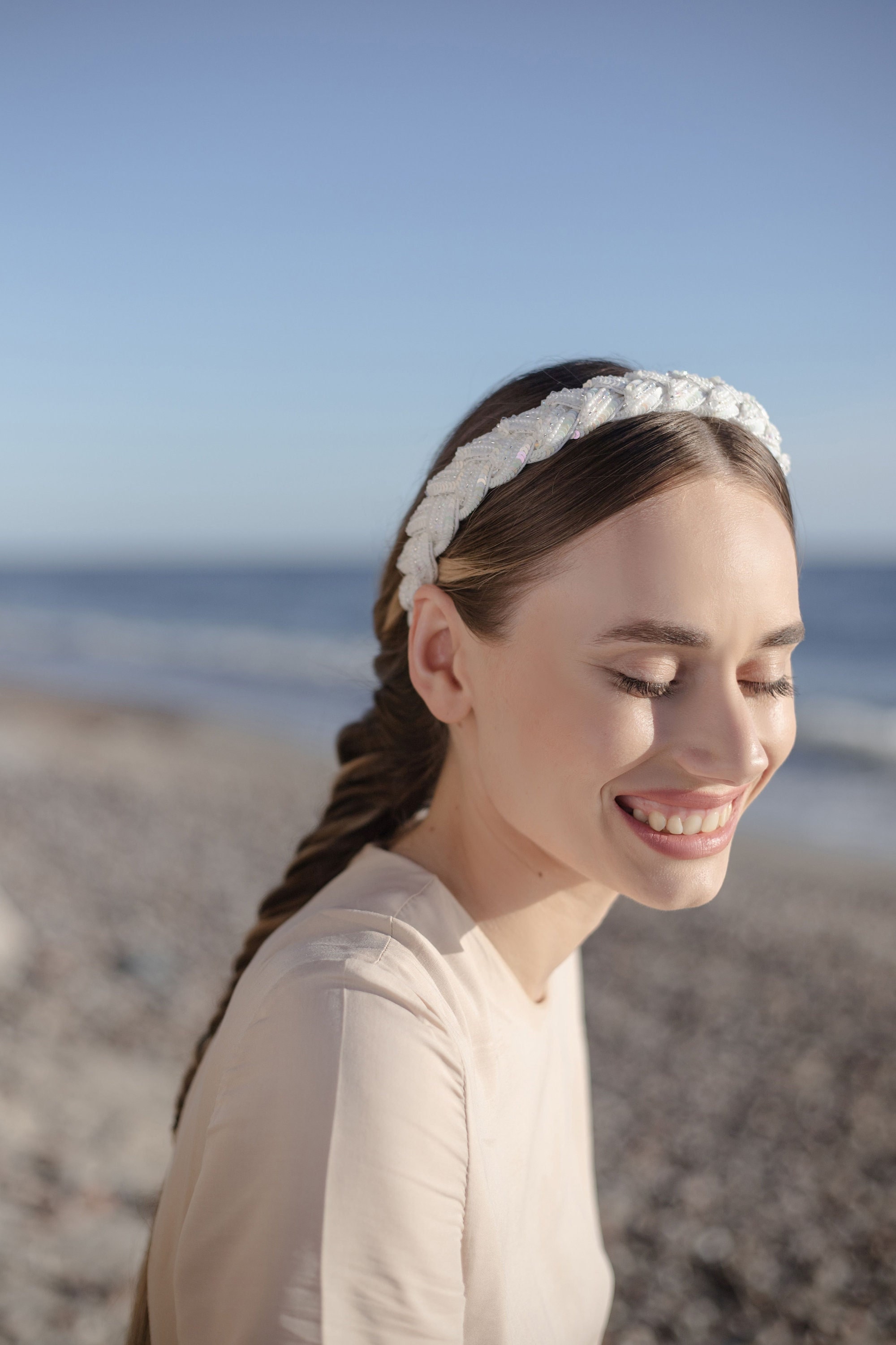 Handmade Embroidered Bridal Headband with French Sequins & Glass Beads – Luxurious White Diadem Hairband