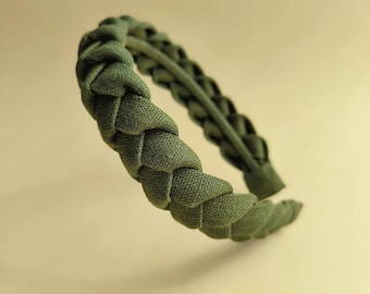 Handmade Linen Braided Headband: Khaki Green Woven Hair Hoop