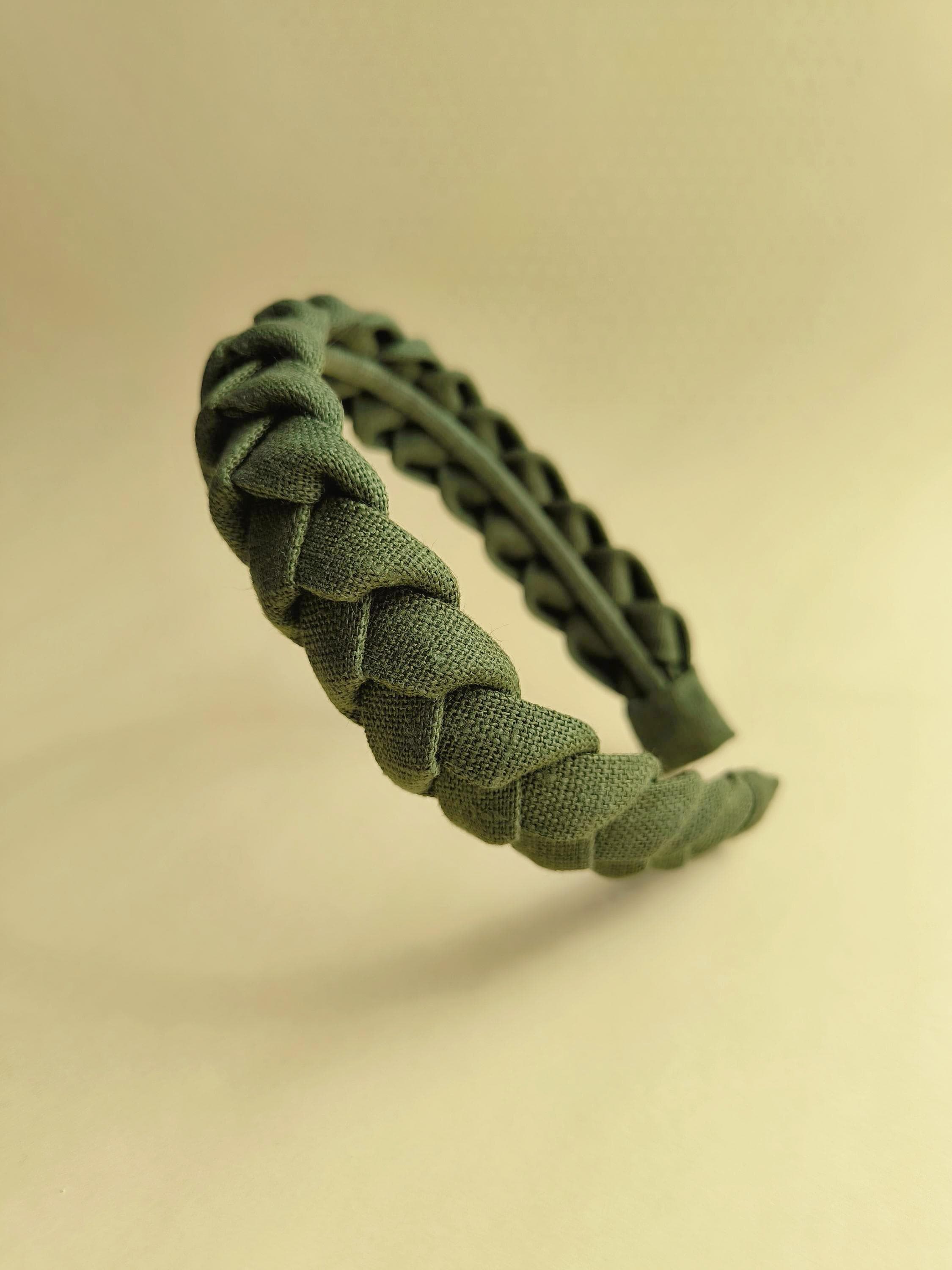 Handmade Linen Braided Headband: Khaki Green Boho Hair  display picture 2