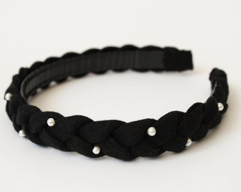 A black narrow braided headhoop/ hairhoop hairband embroidered with beads