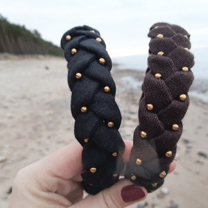 A black linen handmade headband / hairband/ headhoop with hematite image 2