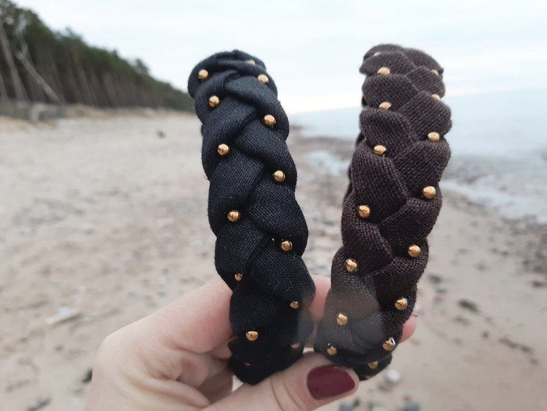 A black linen handmade headband / hairband/ headhoop with hematite image 2