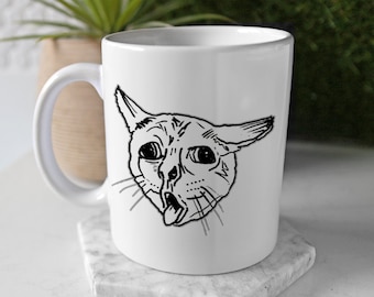 Ugly Coughing Cat Meme Mug - Coughing Cat Mug - Funny Ugly Cat Mug of Cat Coughing with Tongue Sticking Out! - Personalised Option Available