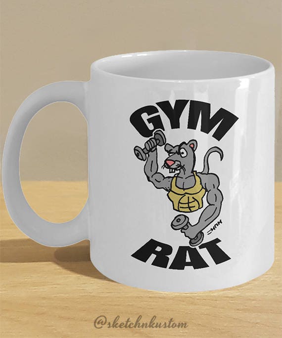 Funny Fitness Gifts Gym Rat Mug Decor // Gym Addict or Lover of Rats //  Muscular Rat Pumping Iron Cup Personalised Option Available 