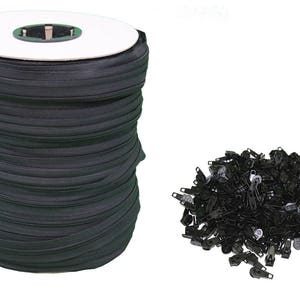 Black #5 Zipper 250 Yards [750 Ft] Roll - Includes 200 Zipper Heads