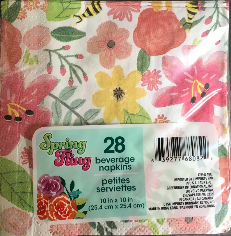 Garden Spring Fling /'/'Sentiment Pink  Floral Bee Beverage Paper Napkins 28ct