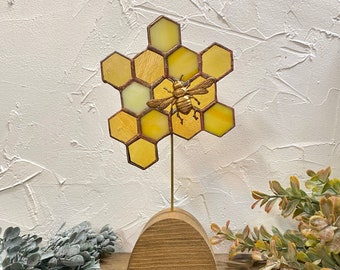 Iridescent Yellow Stained Glass Honeycomb with Brass Honeybee and Wooden Base. Handcrafted Bee Stain Glass Décor