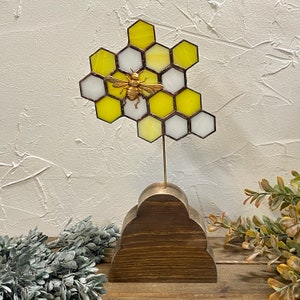 Sunshine Yellow and White Stained Glass Honeycomb with Brass Honeybee and Wooden Hive Base. Handcrafted Bee Stain Glass Décor