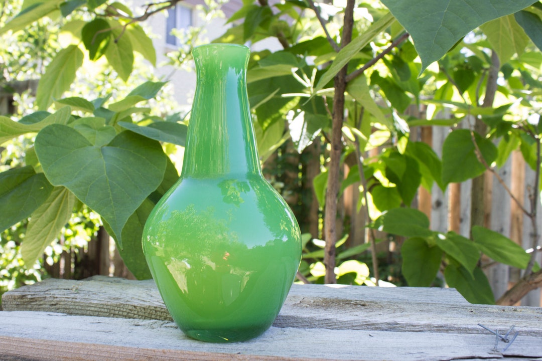 Glass Blown Vase Green Bottleneck Vase Hand Blown Piece Etsy