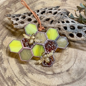 Honey Golden Honeycomb with 2 honeybees - Stained Glass Sun Catcher