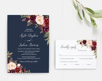Navy Floral Wedding Invitations, Navy Wedding Invite, Marsala Burgundy Maroon Invitation Suite, Navy and Red, Fall Summer - IAV-021C
