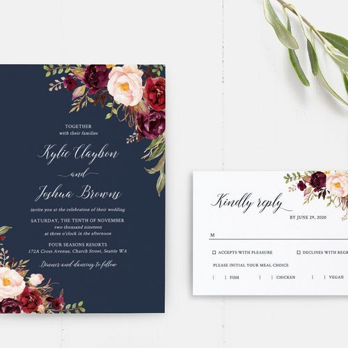 Printable Navy Wedding Invitation Burgundy Boho Floral Gold | Etsy
