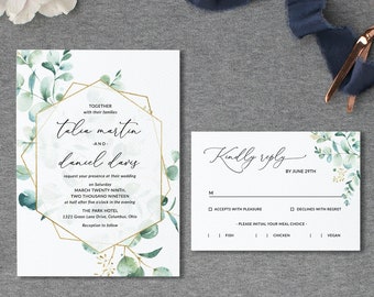 Boho Greenery Wedding Invitation Template, Eucalyptus Wedding Invite Suite, Foliage Garden, Instant Download - IAV-015A