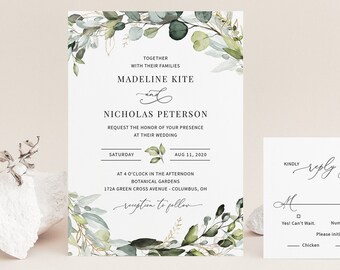 Boho Greenery Wedding Invitation Template, Editable Wedding Invitation Suite, Eucalyptus Wedding Set, Instant Download - IAV-006E