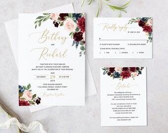 Bohemian Burgundy Blush Floral Wedding Invitation Suite, Editable Wedding Invitation Template, Try Before You Buy - IAV-023C