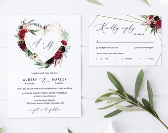Burgundy Boho Fall Wedding Invitation Template, Printable Wedding Suite, Geometric Heart Frame, Watercolor Floral Blush Greenery - IAV-003B