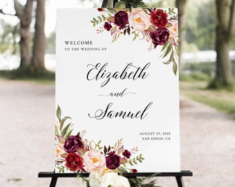 Editable Wedding Welcome Sign Template, Burgundy Blush Floral Welcome Sign, Printable Welcome Sign Template, Instant Download - IAV-021A