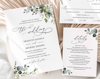 Greenery Wedding Invitation Template Set, Watercolor Eucalyptus Leaves, Printable Wedding Invitation Suite, DIY Instant Download - IAV-006A