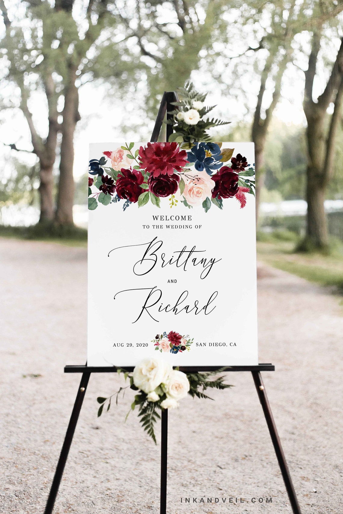 Burgundy Blush Navy Editable Wedding Welcome Sign Template image 1