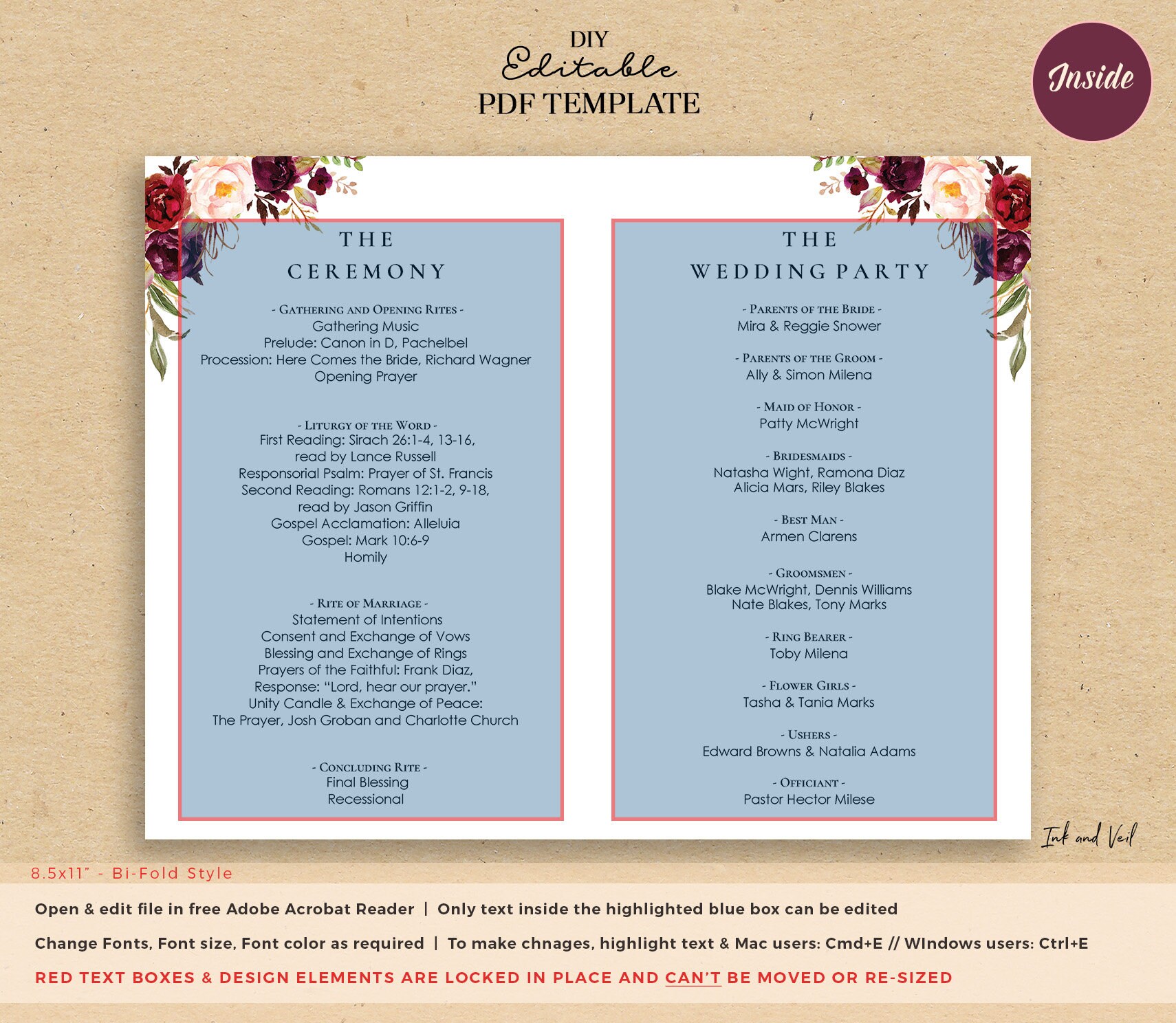 Editable BiFold Wedding Program Template Order Of Ceremony Etsy Editable BiFold Wedding Program Template Order Of Ceremony Etsy