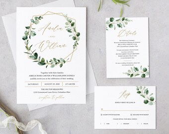 Bohemian Eucalyptus Greenery Wedding Invitation Suite, Gold Geometric Editable Wedding Template, Instant Download - IAV-016A