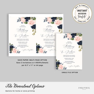 Bohemian Pink and Navy Wedding Invitation Template Suite - Etsy