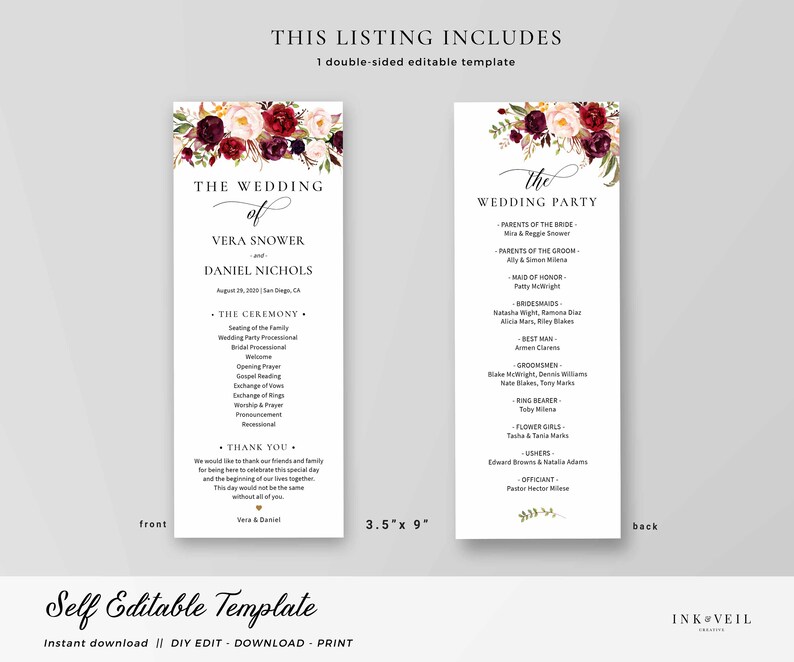 Marsala Burgundy Blush -IAV-021A Order Of Ceremony Template Printable Wedding Programs Instant Download Editable Wedding Program Template