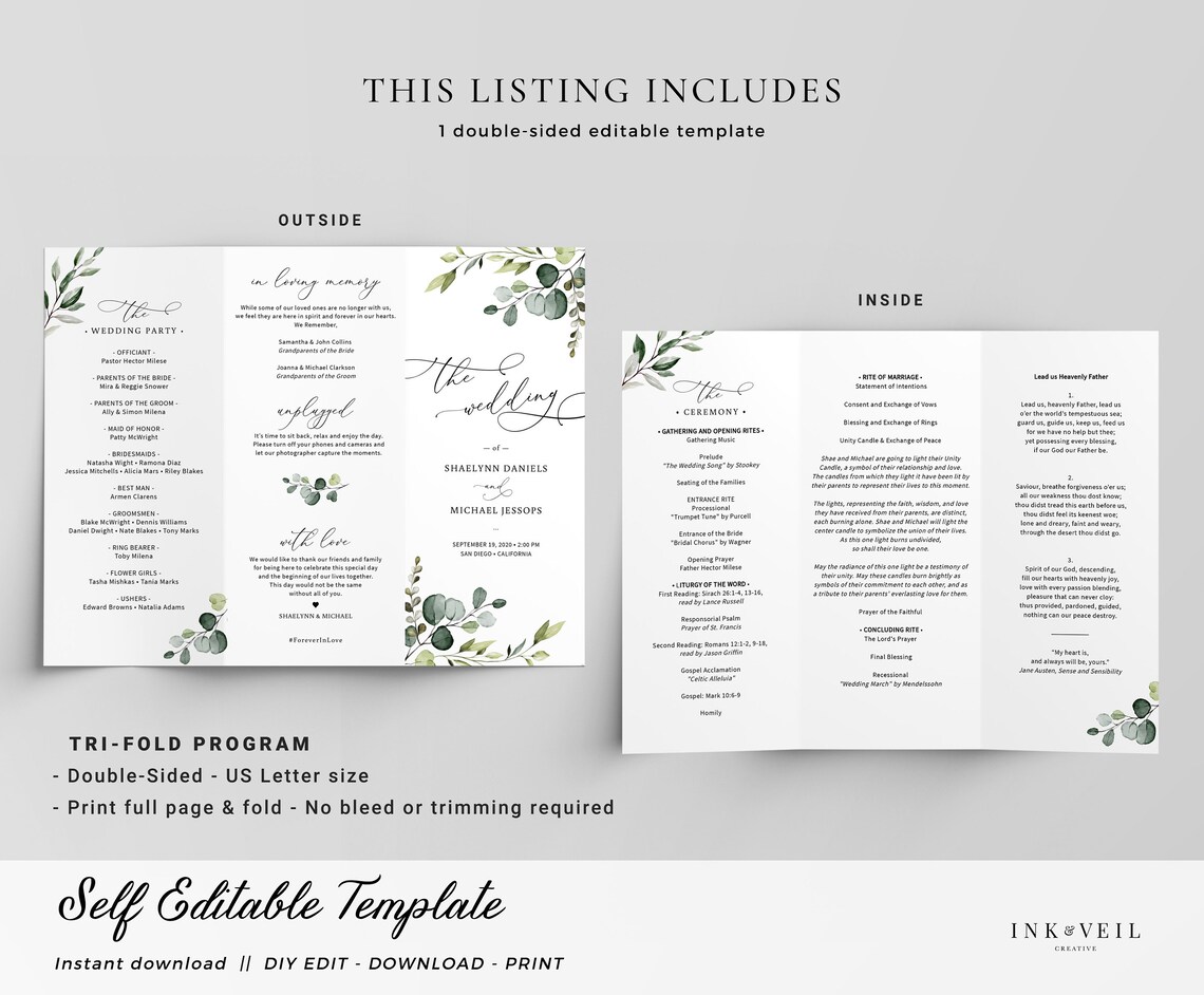 Trifold Wedding Program Template Editable Wedding Ceremony Etsy