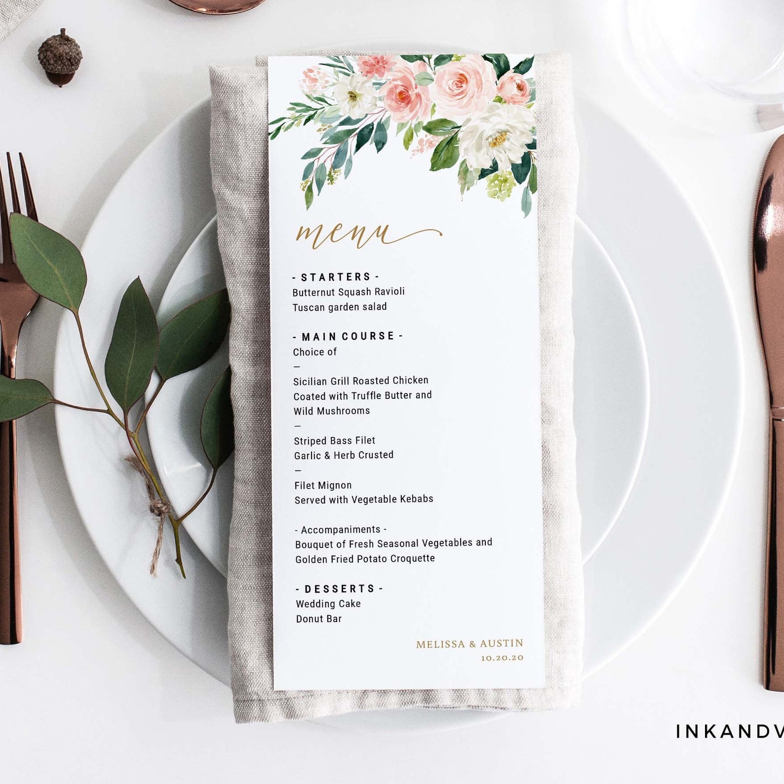 Blush Wedding Menu Template Menu Card Long Floral Printable Etsy