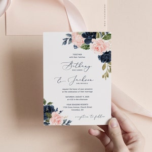 Bohemian Pink and Navy Wedding Invitation Template Suite - Etsy