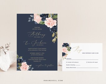 Navy Blush Fall Floral Wedding Invitation Suite, Bohemian Wedding Invitations, Instant Download Template, Printable Invitation Set- IAV-005C