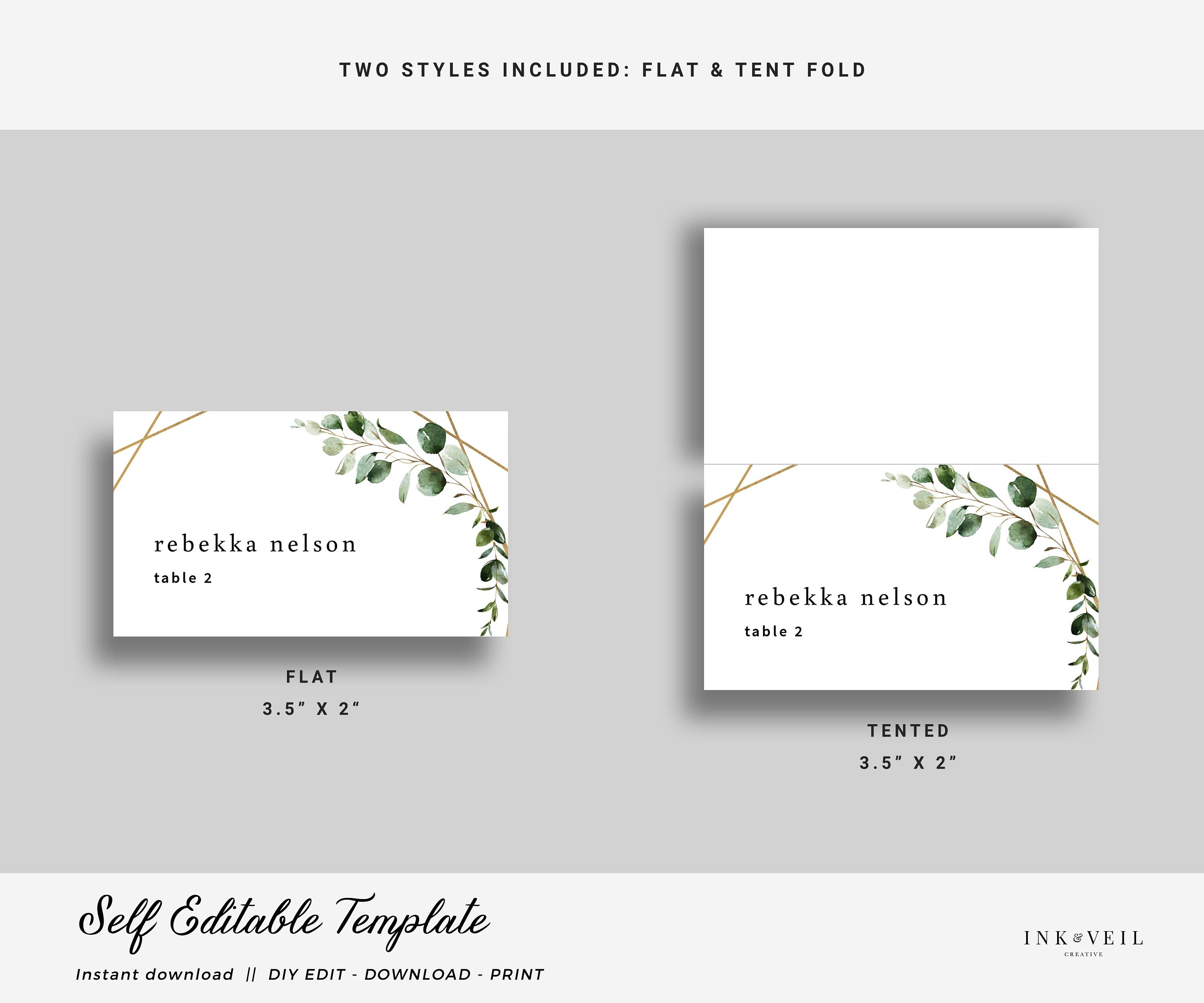 FLAT and FOLDED Escort Card Template Geometric Eucalyptus | Etsy