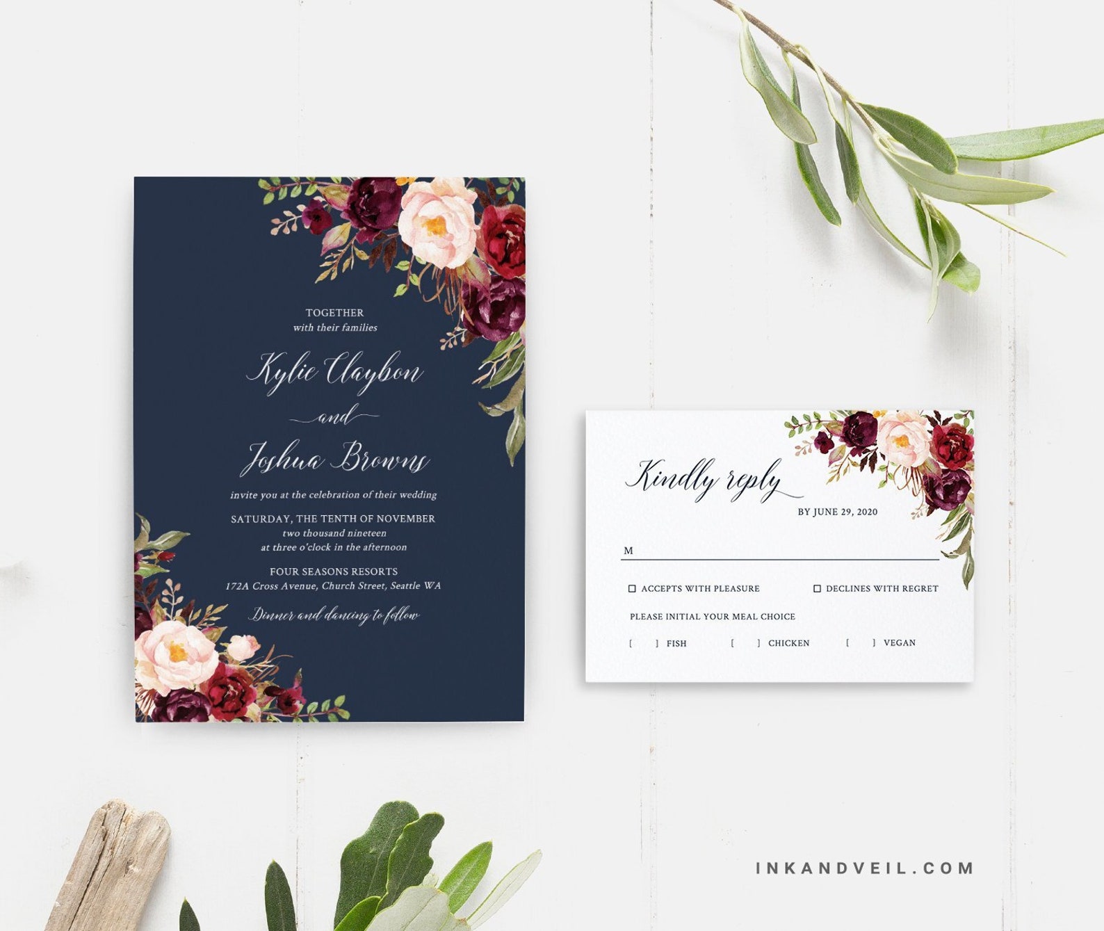 Navy Floral Wedding Invitations Navy Wedding Invite Marsala - Etsy