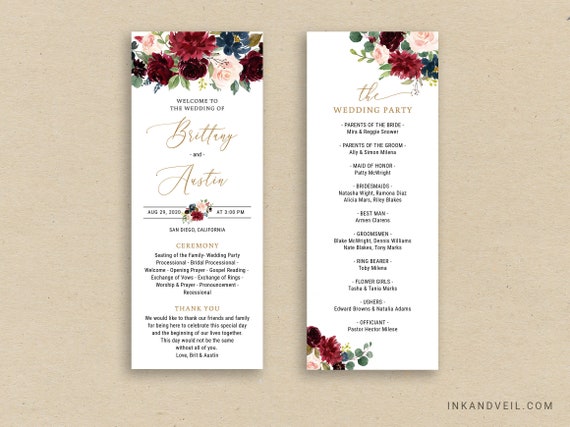 Burgundy Blush Navy Wedding Program Template Editable Floral Etsy