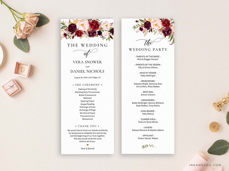Marsala Burgundy Blush -IAV-021A Order Of Ceremony Template Printable Wedding Programs Instant Download Editable Wedding Program Template