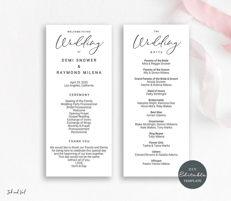 Classic Wedding Program Editable Template Order Of Ceremony Etsy