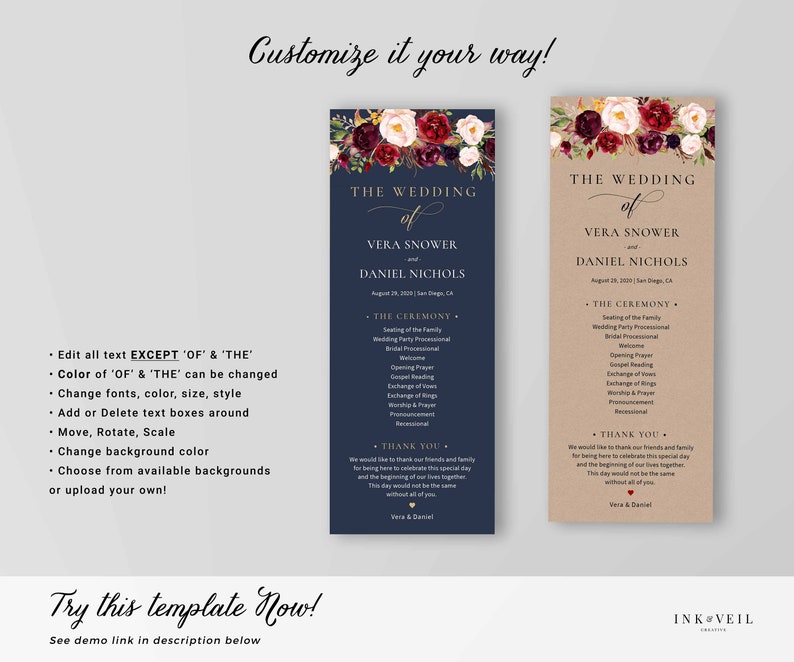 Marsala Burgundy Blush -IAV-021A Order Of Ceremony Template Printable Wedding Programs Instant Download Editable Wedding Program Template