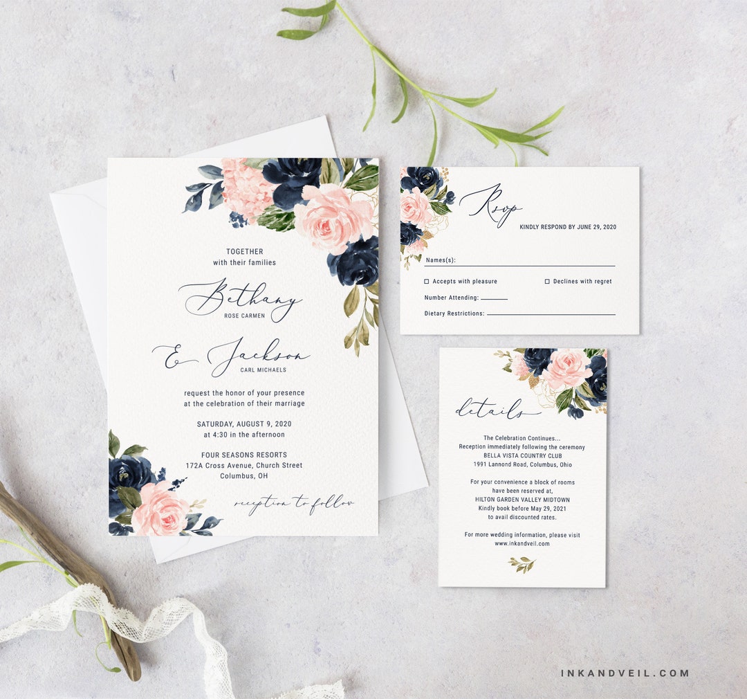 Bohemian Pink and Navy Wedding Invitation Template Suite - Etsy