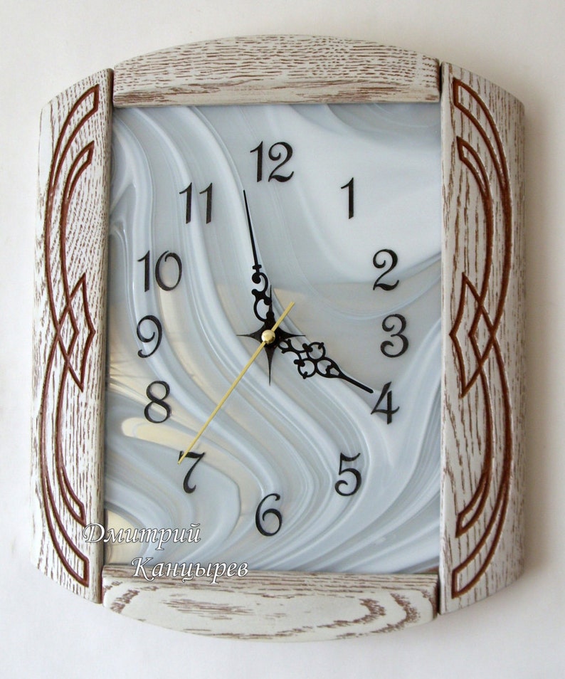 Wall clock modern style with wood decor white stained glass for Wall clock modern style with wood decor white stained glass for